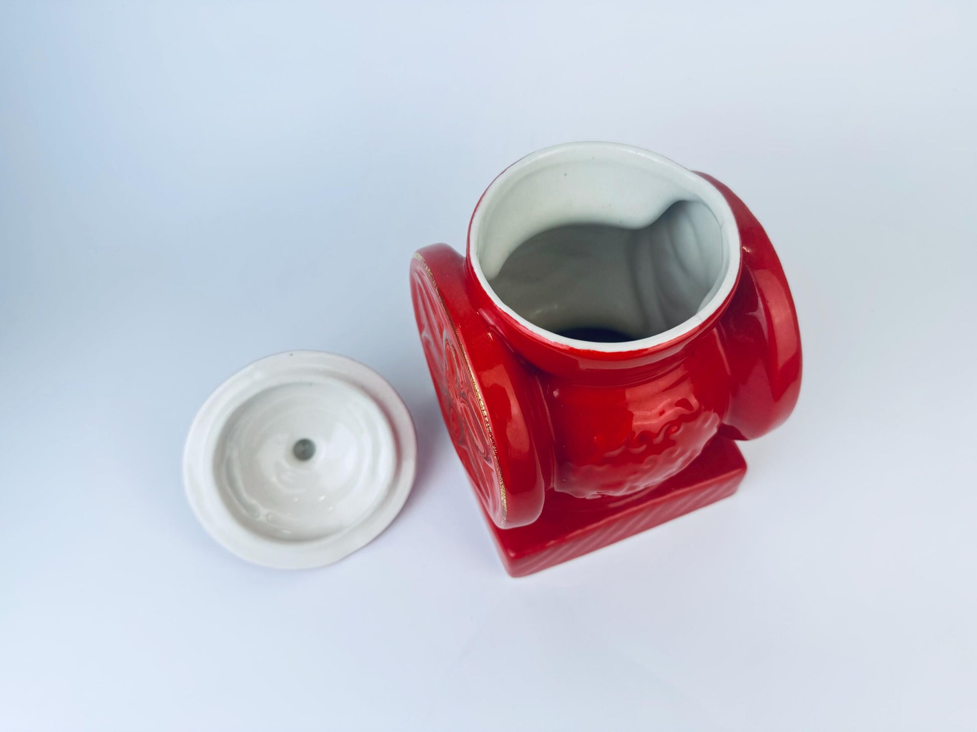 Product image for 'vintage house of webster cookie biscuit jar red gold ceramic coffee grinder canister made in eastland texas usa' (view 11fed0)