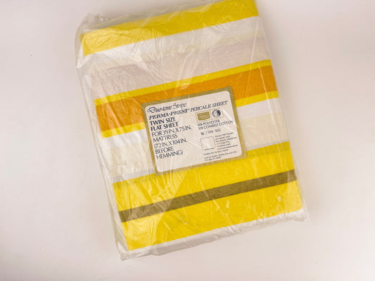Product image for 'vintage sears perma prest 1970s yellow striped twin flat sheet 50 50 cotton polyester blend new old stock nos' (view eb8c3b)
