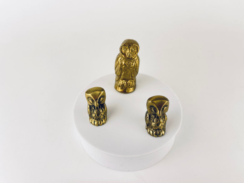 Product image for 'vintage small solid brass owl tabletop figurines attractive aged metal patina sold separately made in canada' (view 2865d2)