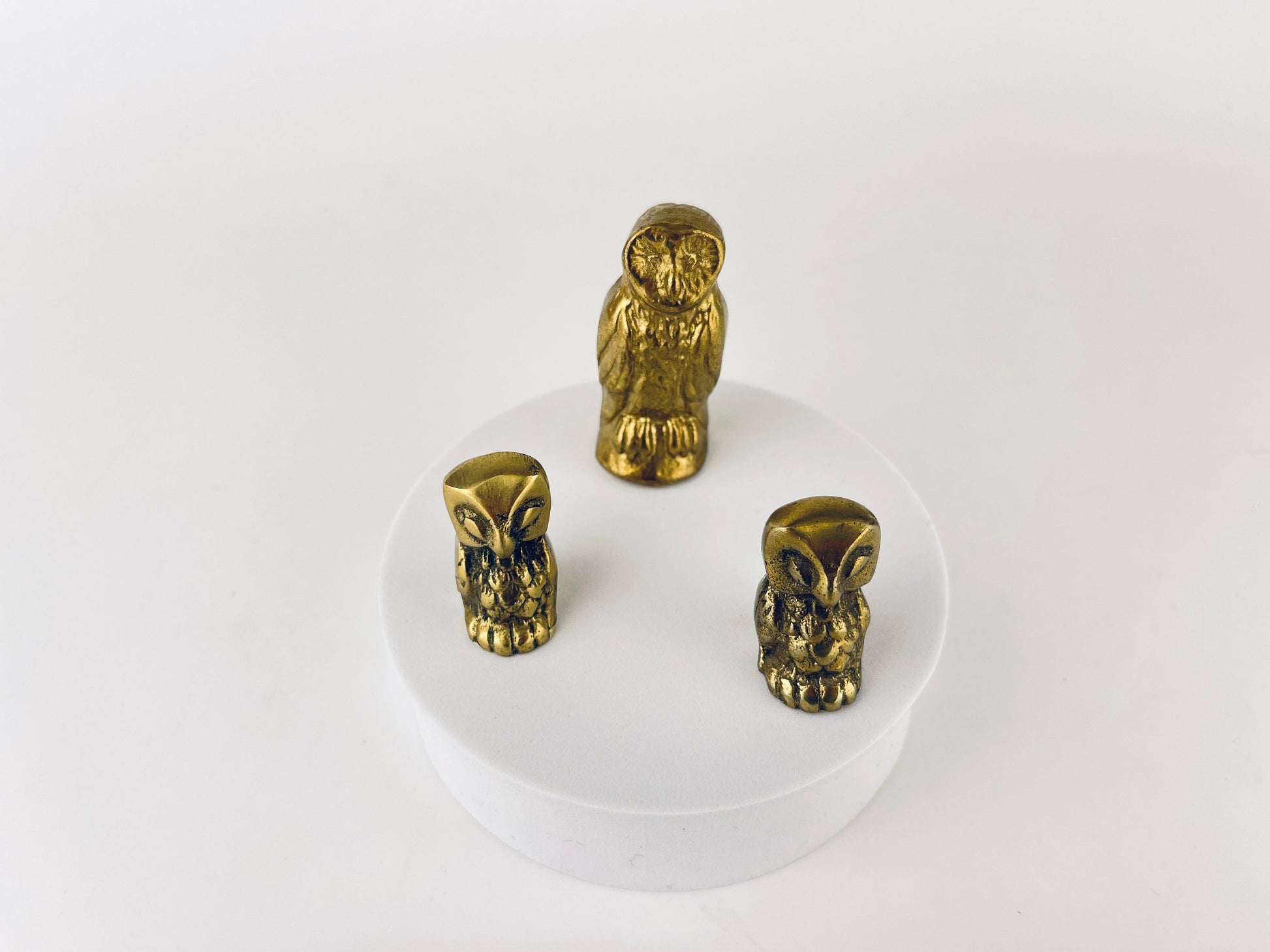 Product image for 'vintage small solid brass owl tabletop figurines attractive aged metal patina sold separately made in canada' (view 2865d2)