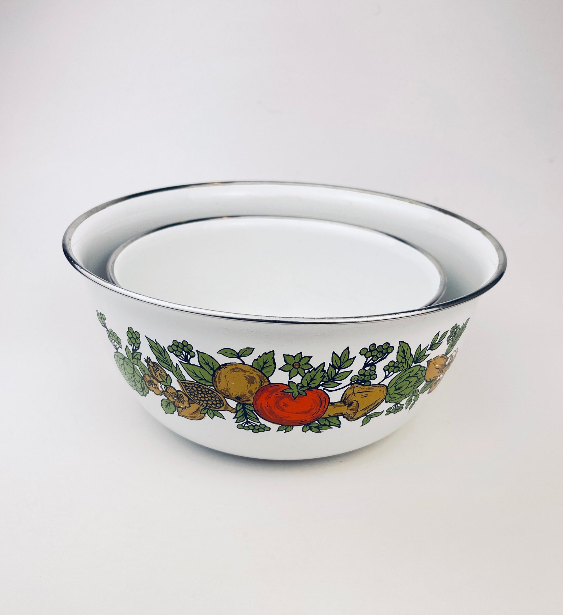 Product image for 'vintage levcoware enamelled nesting mixing bowls vegetable pattern set of two 2' (view 3d0f27)