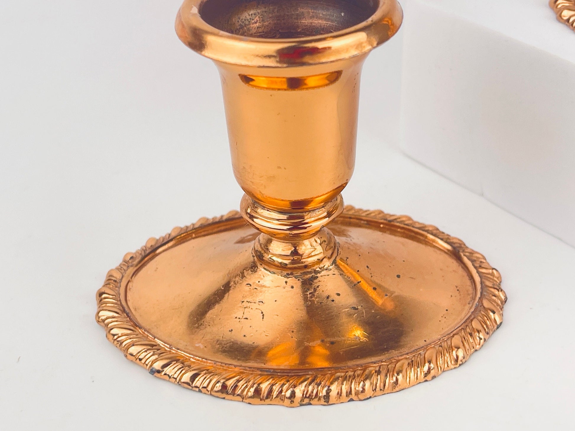 Product image for 'vintage copper plated candlestick holders set of two 2 coronet plate e p lead attractive aged metal patina' (view 3e7397)