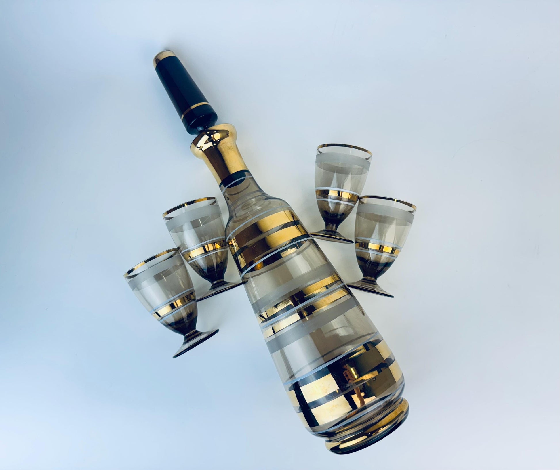 Product image for 'vintage black gold striped barware set glass decanter four 4 small goblet glasses bohemia crystal' (view e53c04)