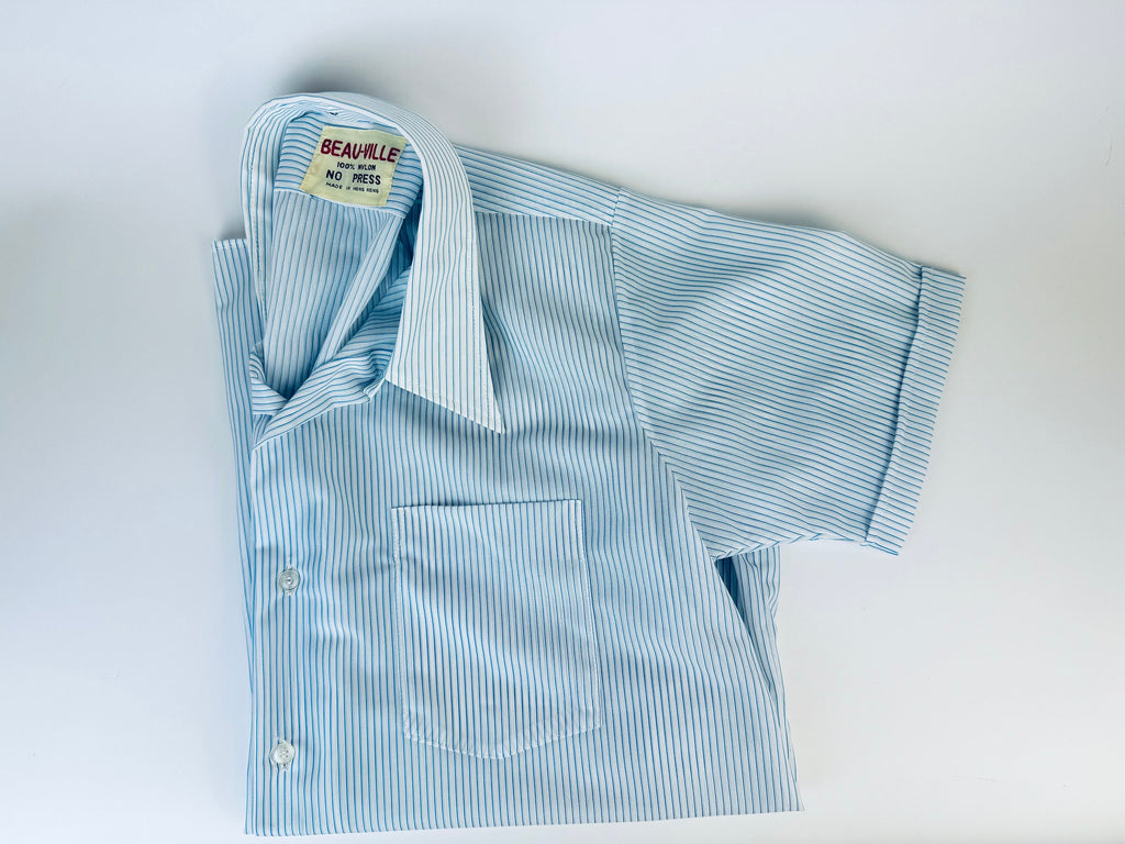 Product image for 'vintage 1970s blue grey striped short sleeve button up shirts 100 nylon made in hong kong by beau ville sold separately' (view 2b5340)