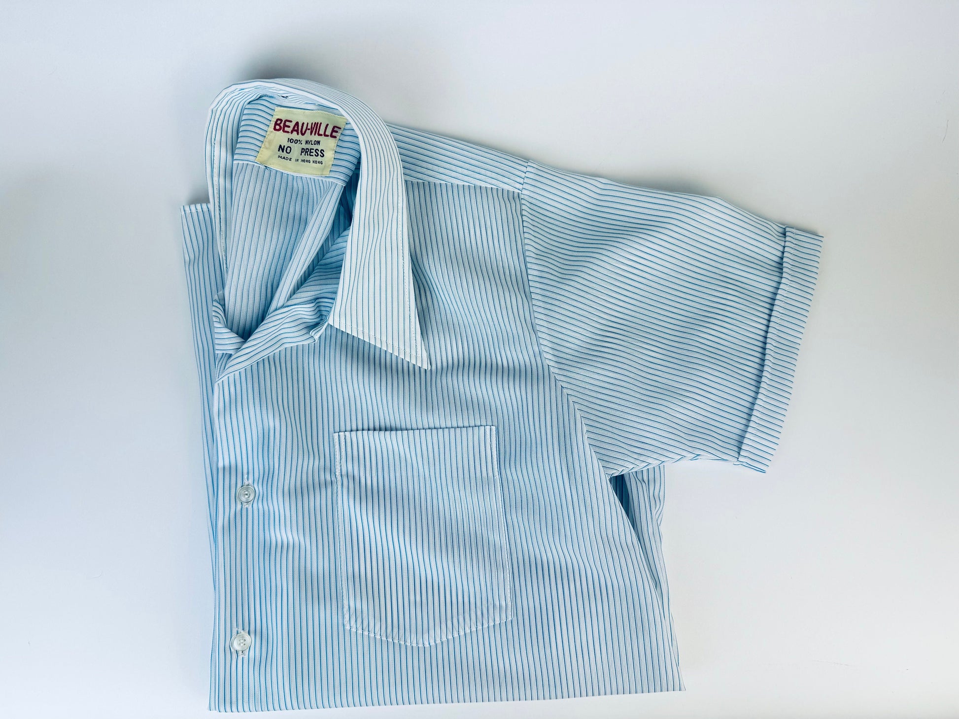 Product image for 'vintage 1970s blue grey striped short sleeve button up shirts 100 nylon made in hong kong by beau ville sold separately' (view 2b5340)