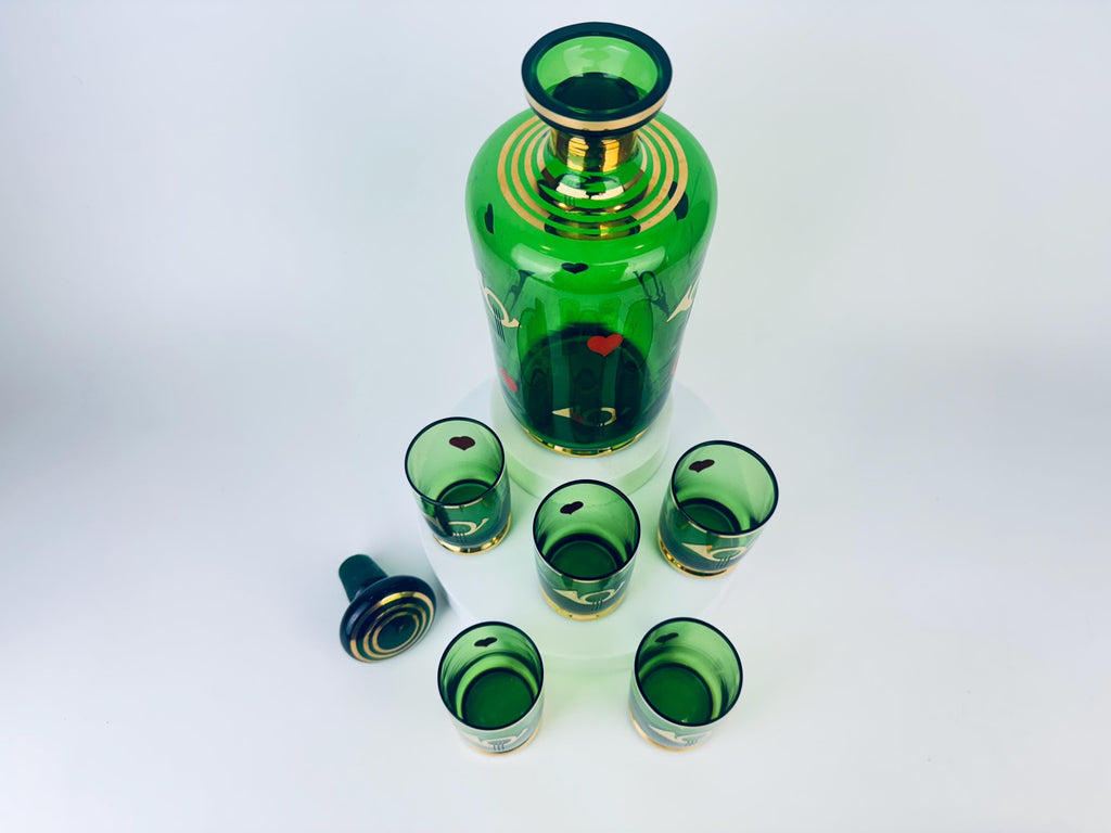 Product image for 'vintage mid century emerald green gold glass decanter shot glass set 1960s mcm heart trumpet barware' (view cf37a7)