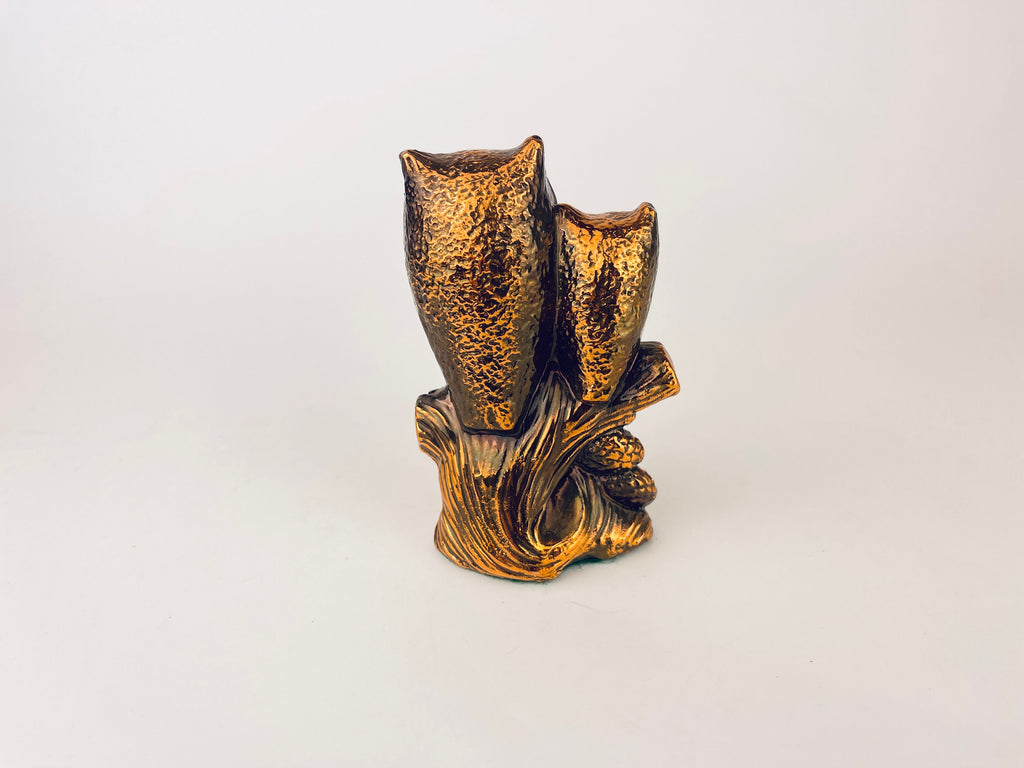 Product image for 'vintage copper metal perched owl duo tabletop figurine sculpture' (view e46142)