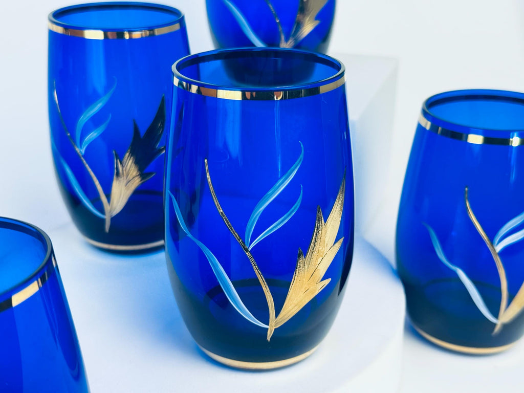 Product image for 'vintage cobalt blue glassware hand painted flowers gold rim small goblet and tumbler set' (view eb5d0c)