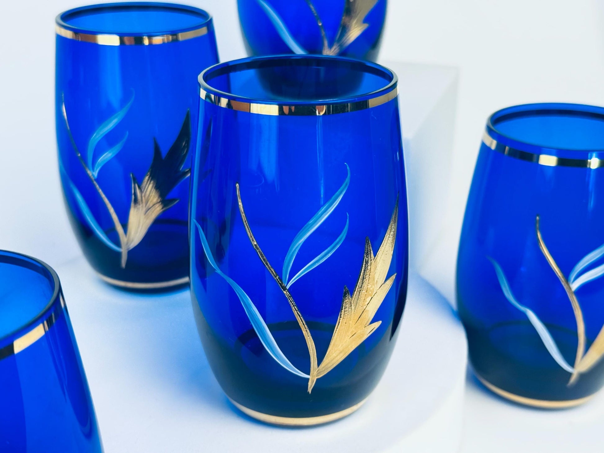 Product image for 'vintage cobalt blue glassware hand painted flowers gold rim small goblet and tumbler set' (view eb5d0c)