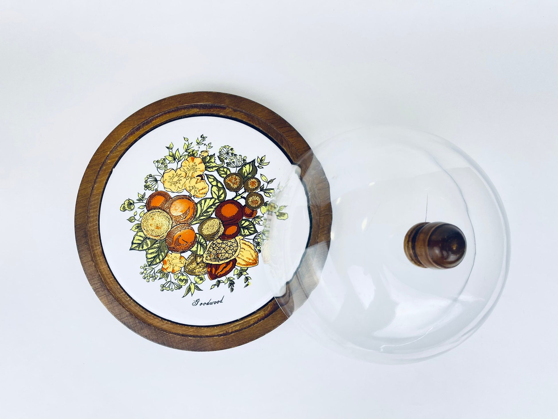Product image for 'vintage goodwood cheese cloche charcuterie cracker dome server 60s ceramic tile with berry nut flower pattern plastic dome' (view 13e8b9)