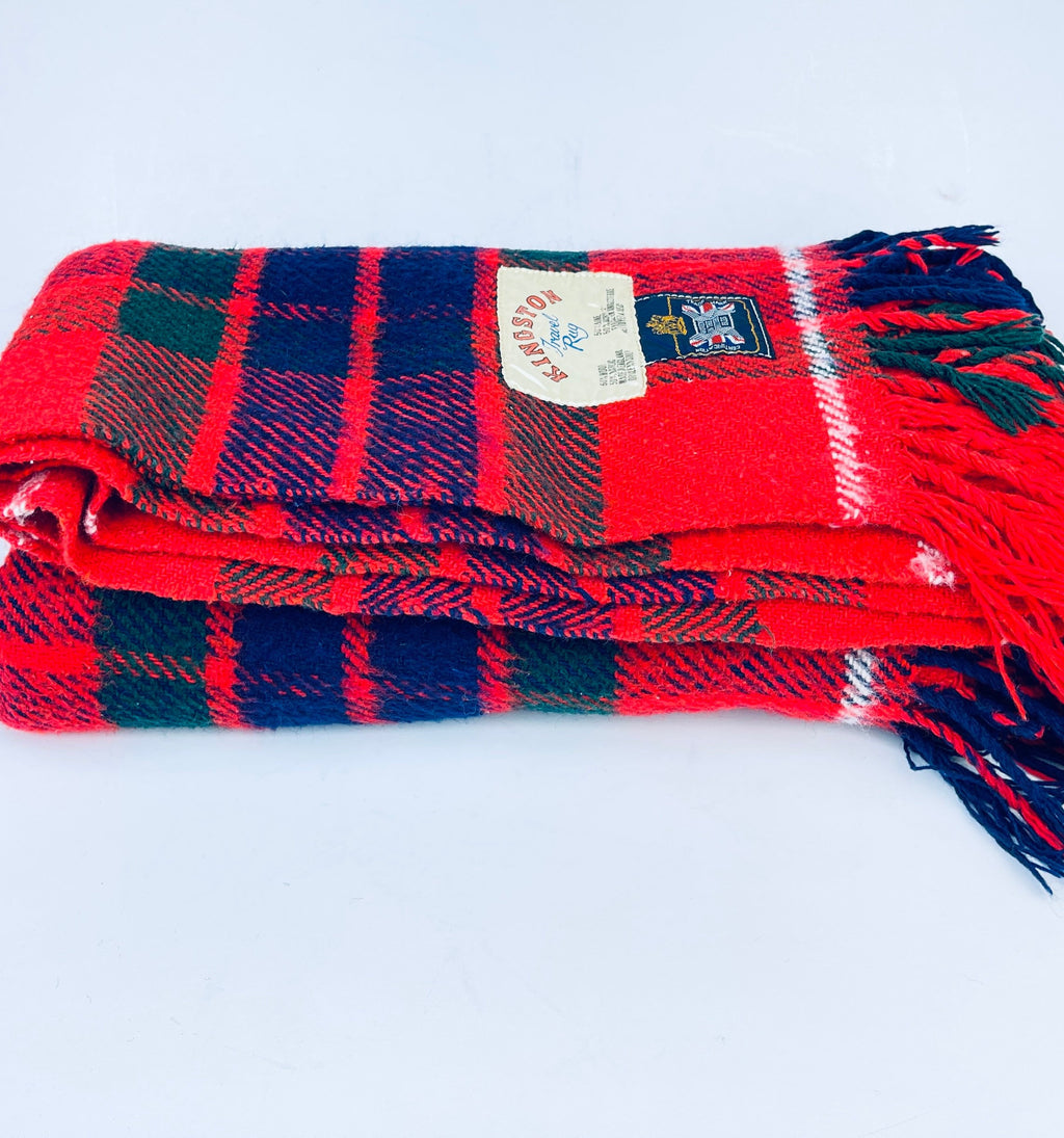 Product image for 'vintage kingston travel fringe rug blanket red blue plaid pattern wool acrylic blend made in the british isles' (view 4b075c)