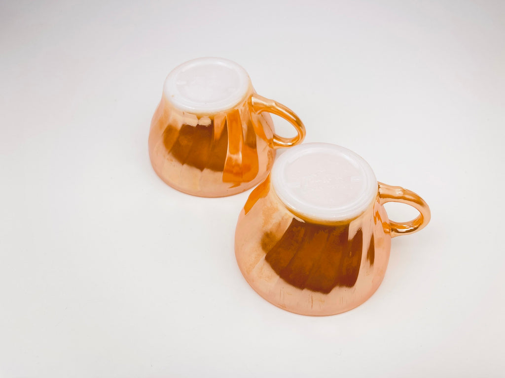 Product image for 'vintage peach lustreware swirl tea cups set of two 2 anchor hocking fire king made in usa' (view bc9806)