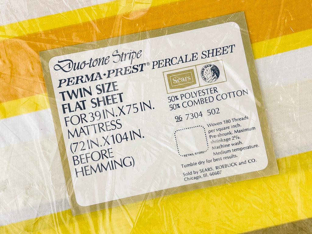 Product image for 'vintage sears perma prest 1970s yellow striped twin flat sheet 50 50 cotton polyester blend new old stock nos' (view f76a76)