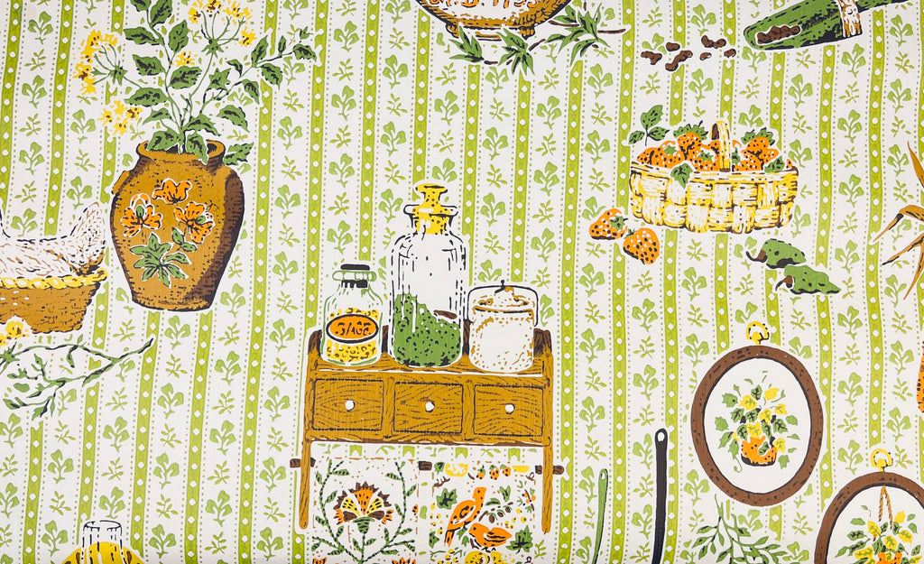 Product image for 'vintage beige green kitchy kitchen wallpaper lightly textured vintage craft project paper upcycle material' (view f4b291)