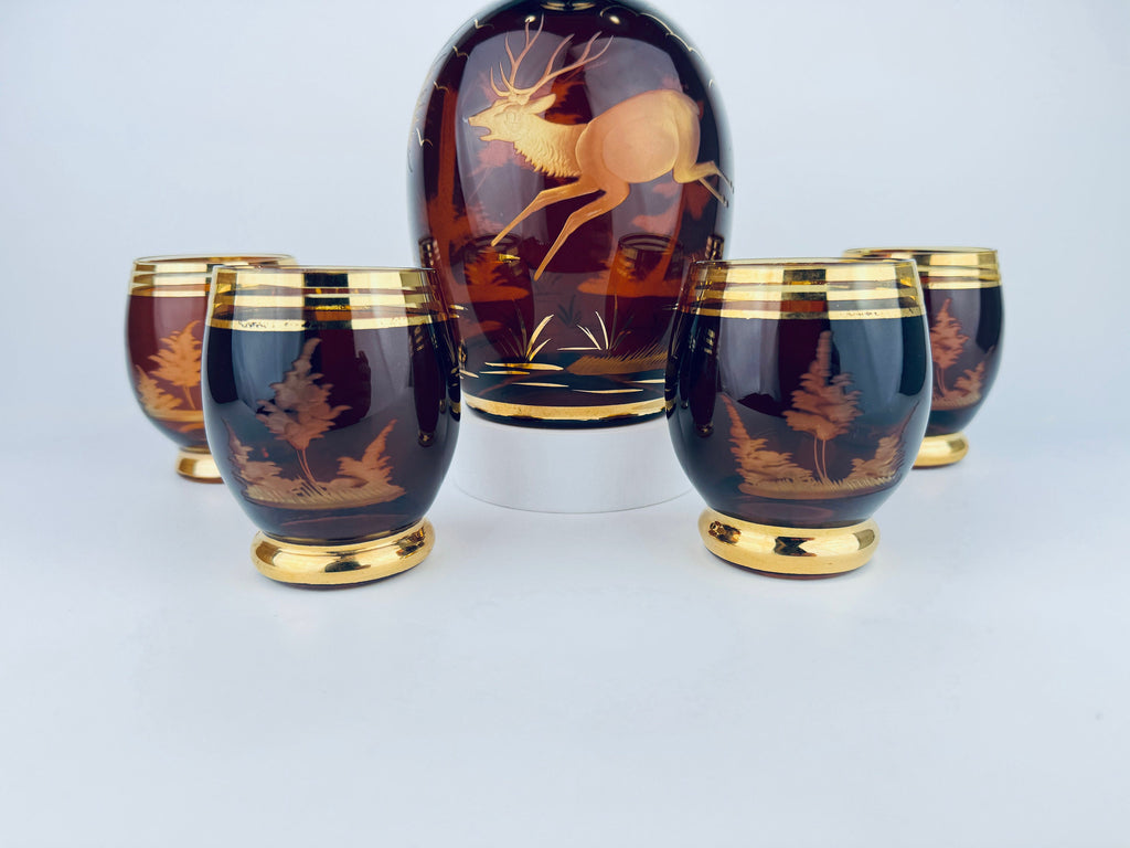 Product image for 'vintage dark brown gold striped egermann stag landscape barware set glass decanter four 4 roly poly glasses made in czechoslovakia' (view bf72c8)