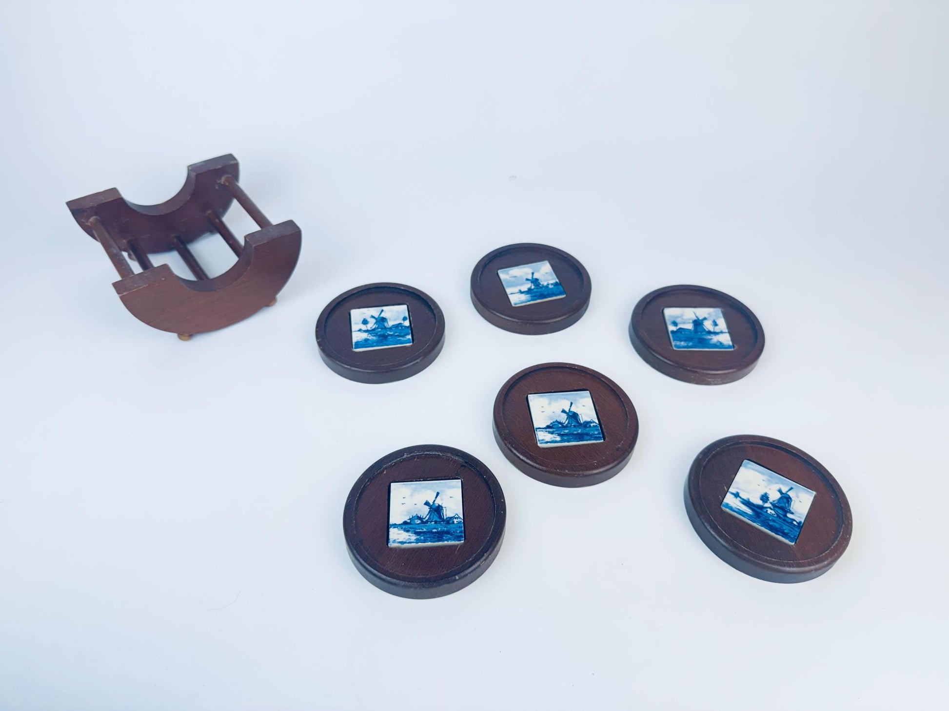 Product image for 'vintage delft windmill blue white coaster set wood ceramic inlay set of six 6' (view 4c72e3)