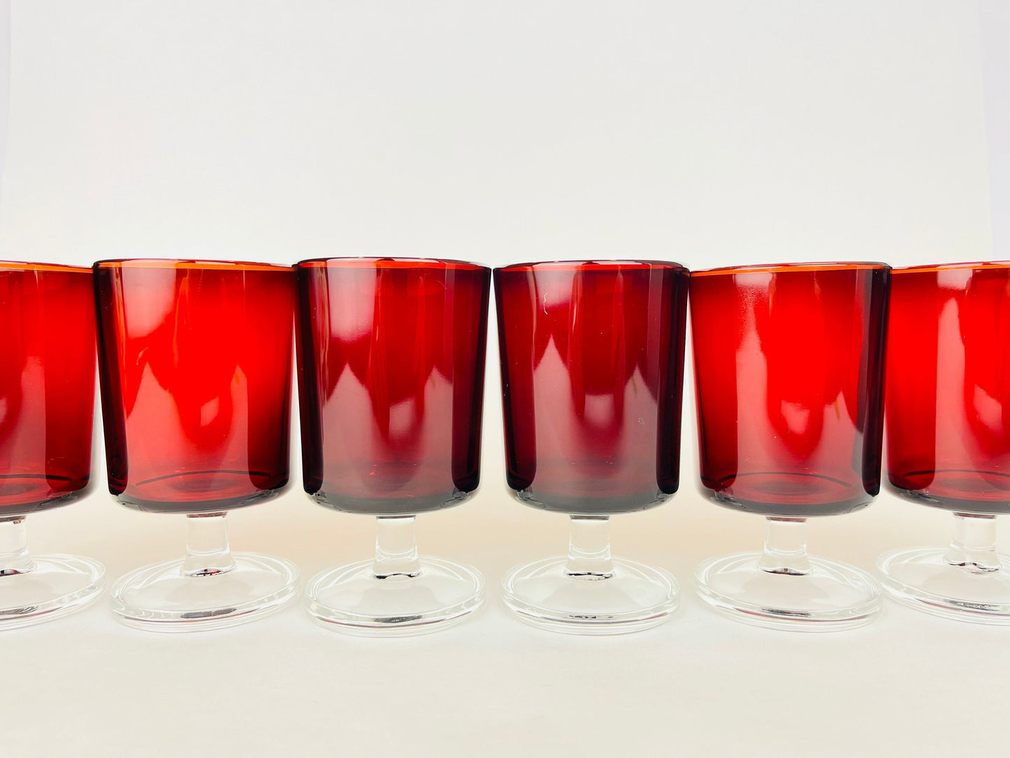 Product image for 'vintage cranberry red drinking glasses goblets set of six 6 made by luminarc in france' (view df63af)