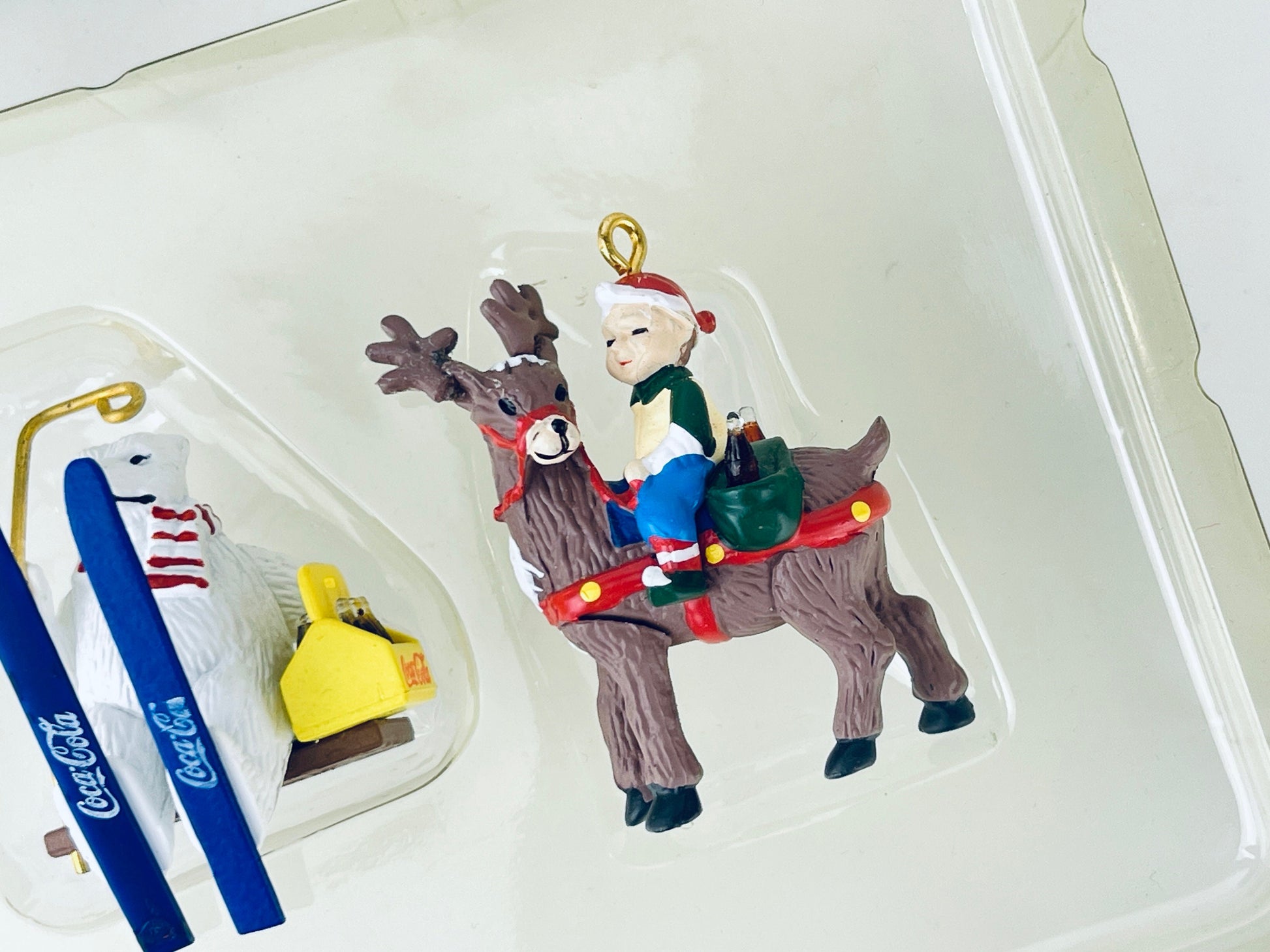Product image for 'vintage coca cola christmas tree ornaments trim a tree collection 1996 set of two 2 skiing bear elf reindeer' (view 74d7ee)
