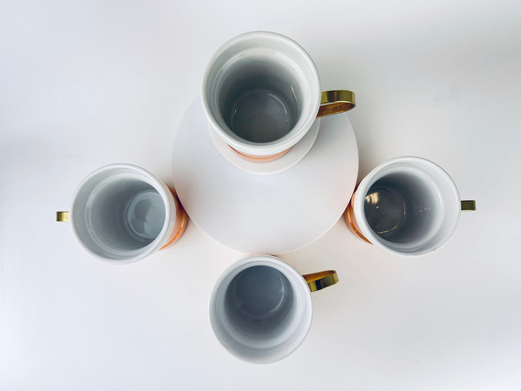 Product image for 'vintage baker hart stuart ceramic hot toddy mug glasses removable copper brass holder set of four 4 attractive aged brass patina' (view f834d6)