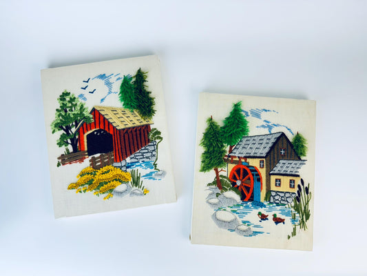 Product image for 'vintage hand stitched crewel wall art decor old bridge river mill scene sold separately' (view f09083)