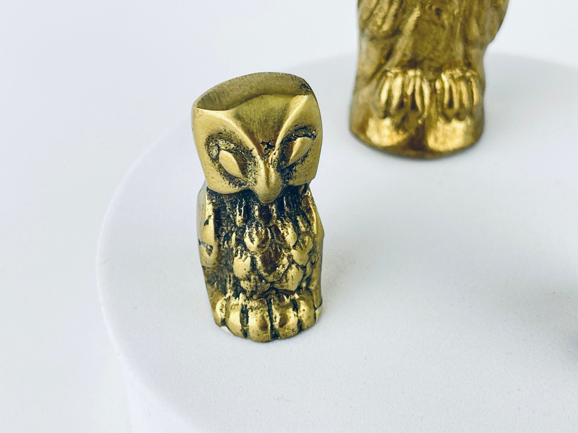 Product image for 'vintage small solid brass owl tabletop figurines attractive aged metal patina sold separately made in canada' (view 847234)