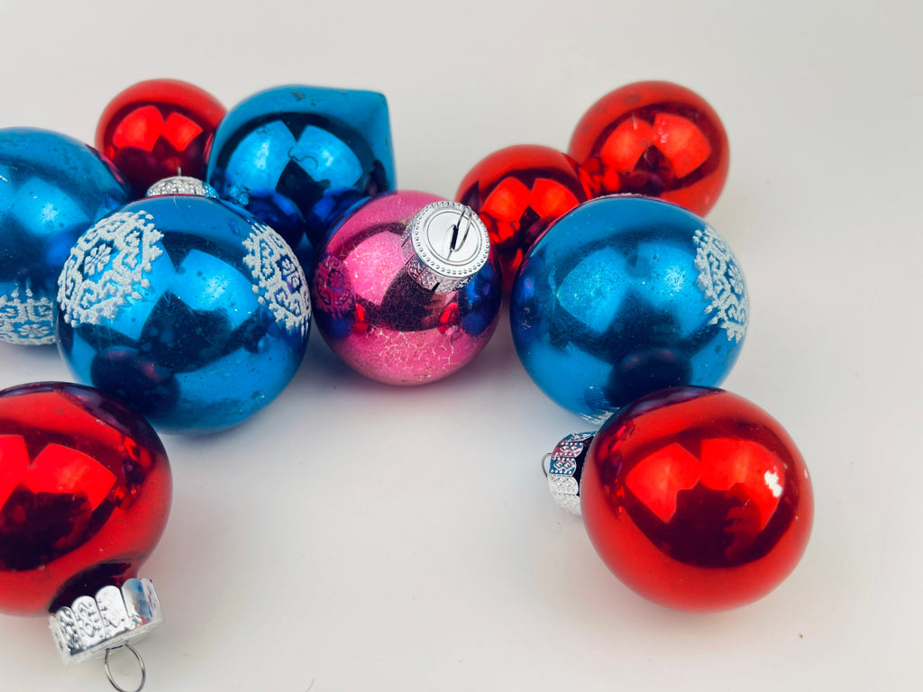 Product image for 'vintage shiny red blue pink glass christmas ornaments set of twelve 12 made in eastern germany' (view ca9d0a)