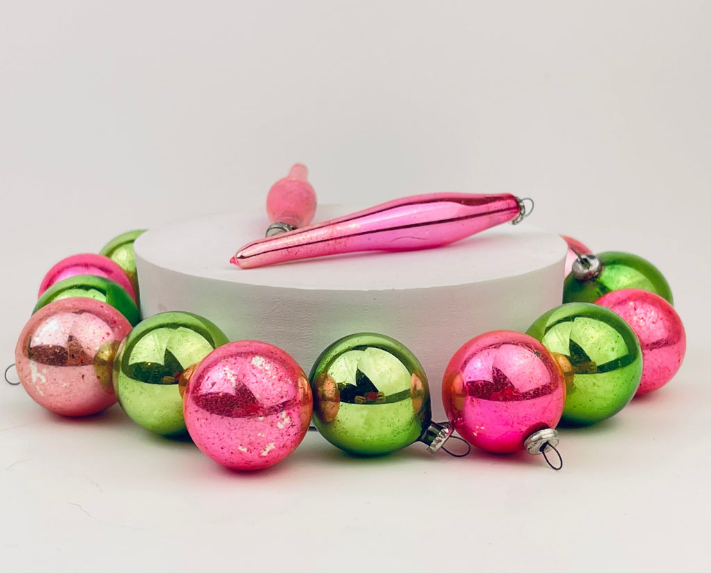 Product image for 'vintage mini pink green glass christmas ornaments set of 14 round icicle 1950s' (view e52887)