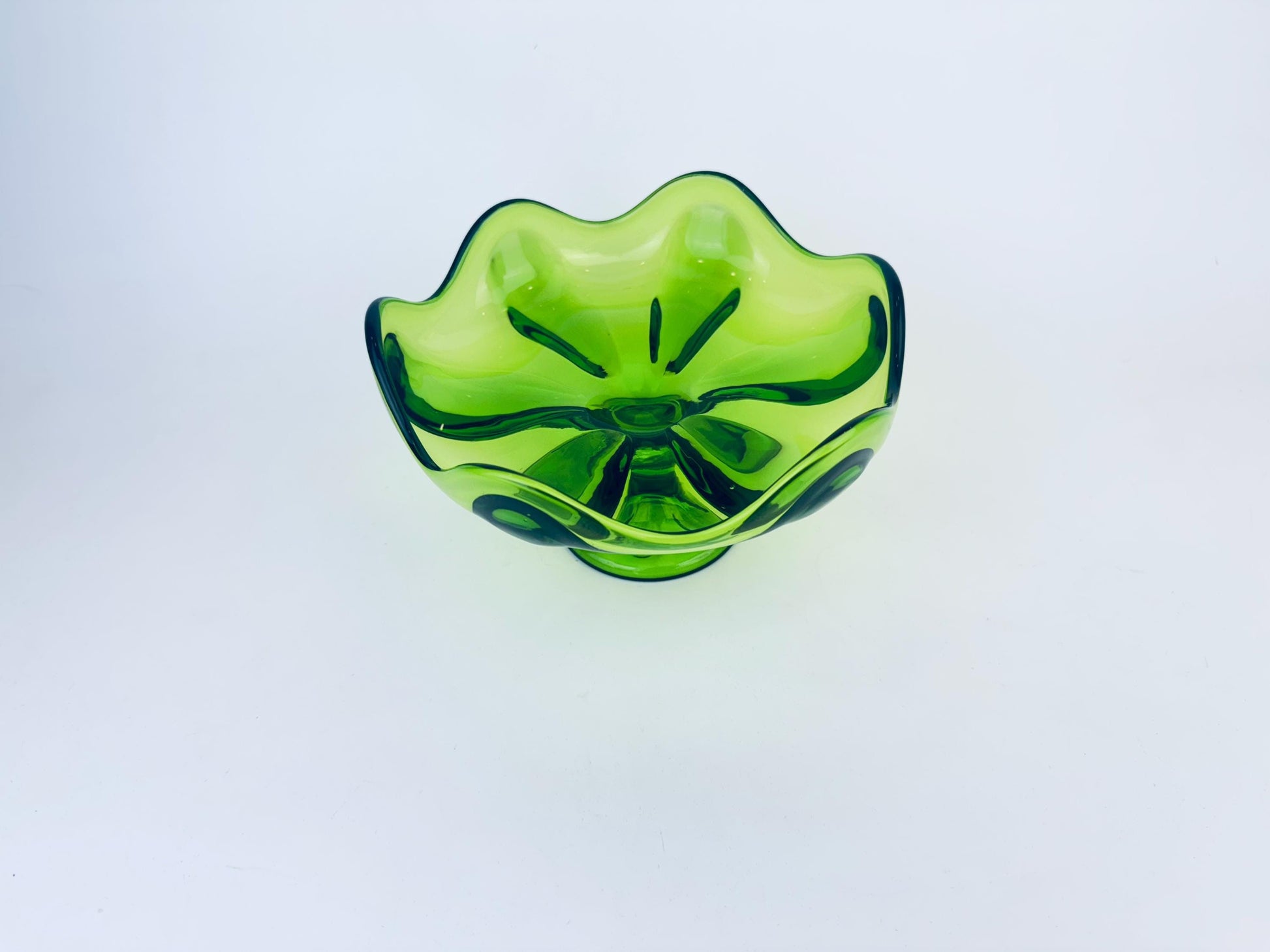 Product image for 'vintage viking epic glass green six petal crimped compote mid century modern art glass bowl' (view 44b257)