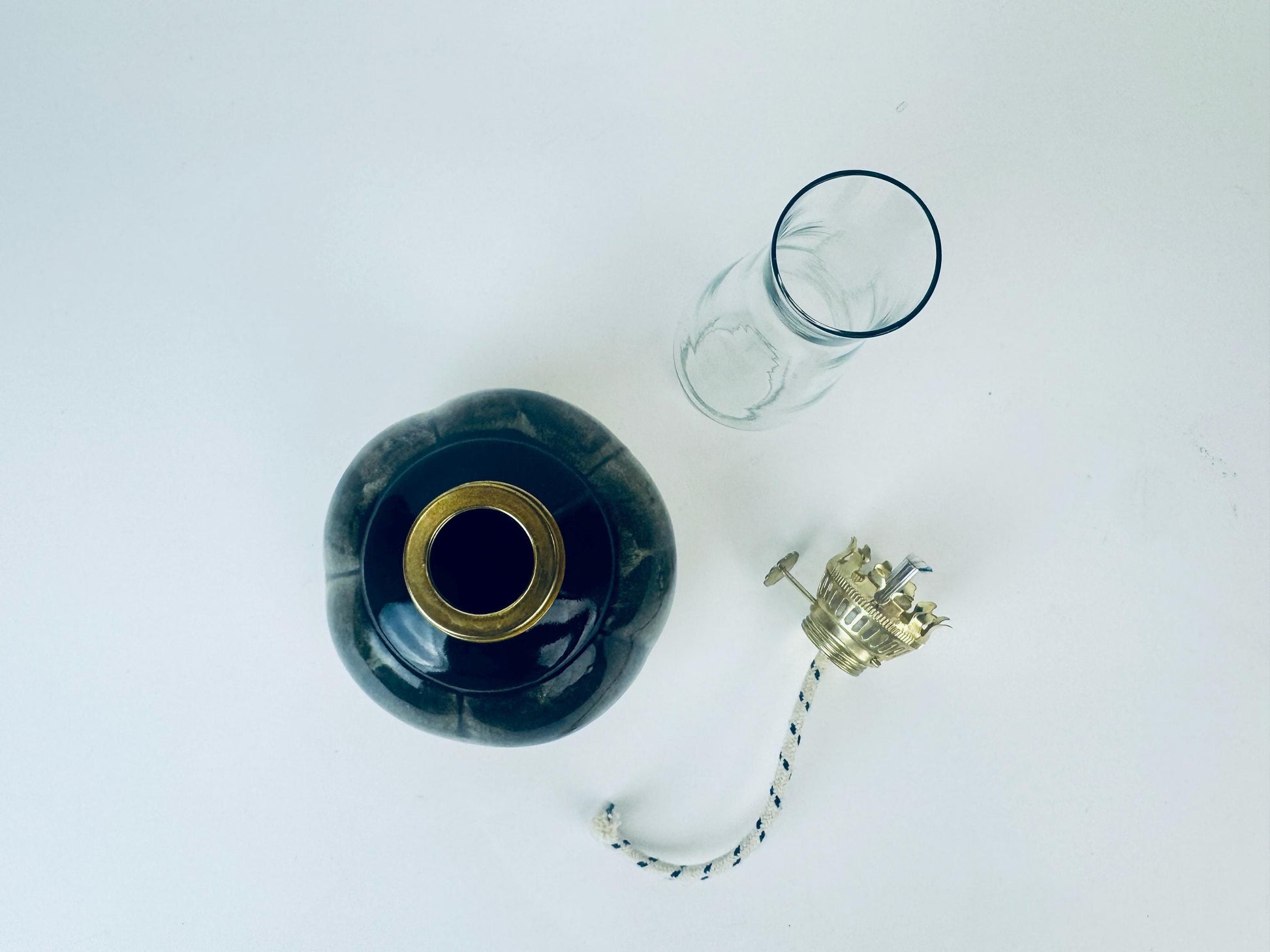 Product image for 'vintage small round stoneware hurricane chamber oil lamp made in canada' (view 841c5c)