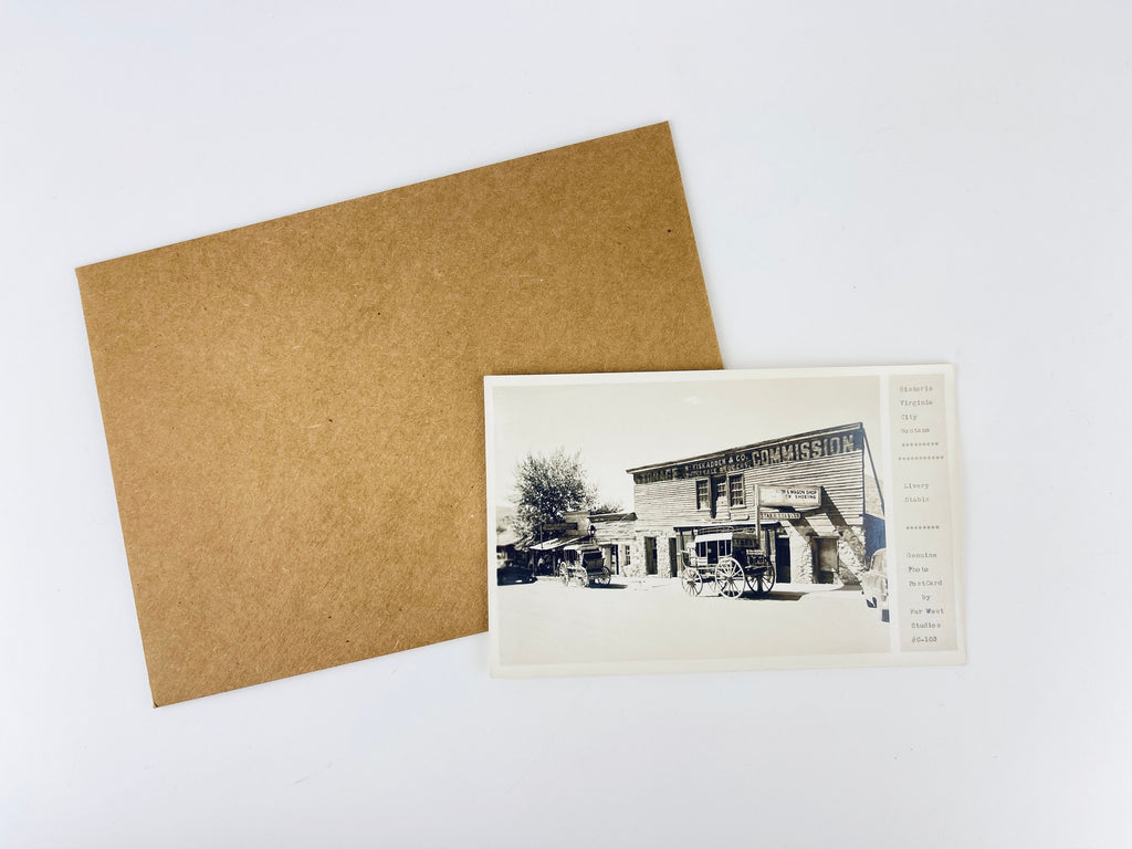 Product image for 'vintage historic virginia city montana postcard livery stable far west studios mountain city black white' (view 25c404)