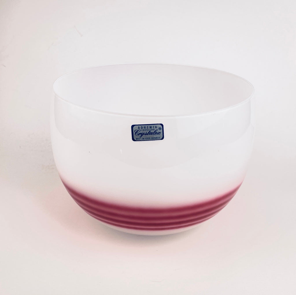 Product image for 'vintage bohemia crystalex white glass round bowl four stripe pink pattern made in czech republic' (view da96a7)
