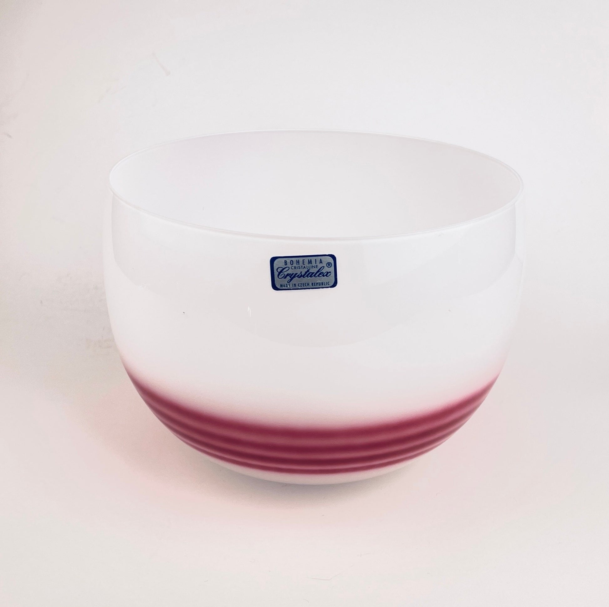 Product image for 'vintage bohemia crystalex white glass round bowl four stripe pink pattern made in czech republic' (view da96a7)