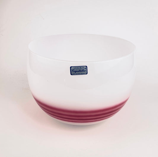 Product image for 'vintage bohemia crystalex white glass round bowl four stripe pink pattern made in czech republic' (view da96a7)