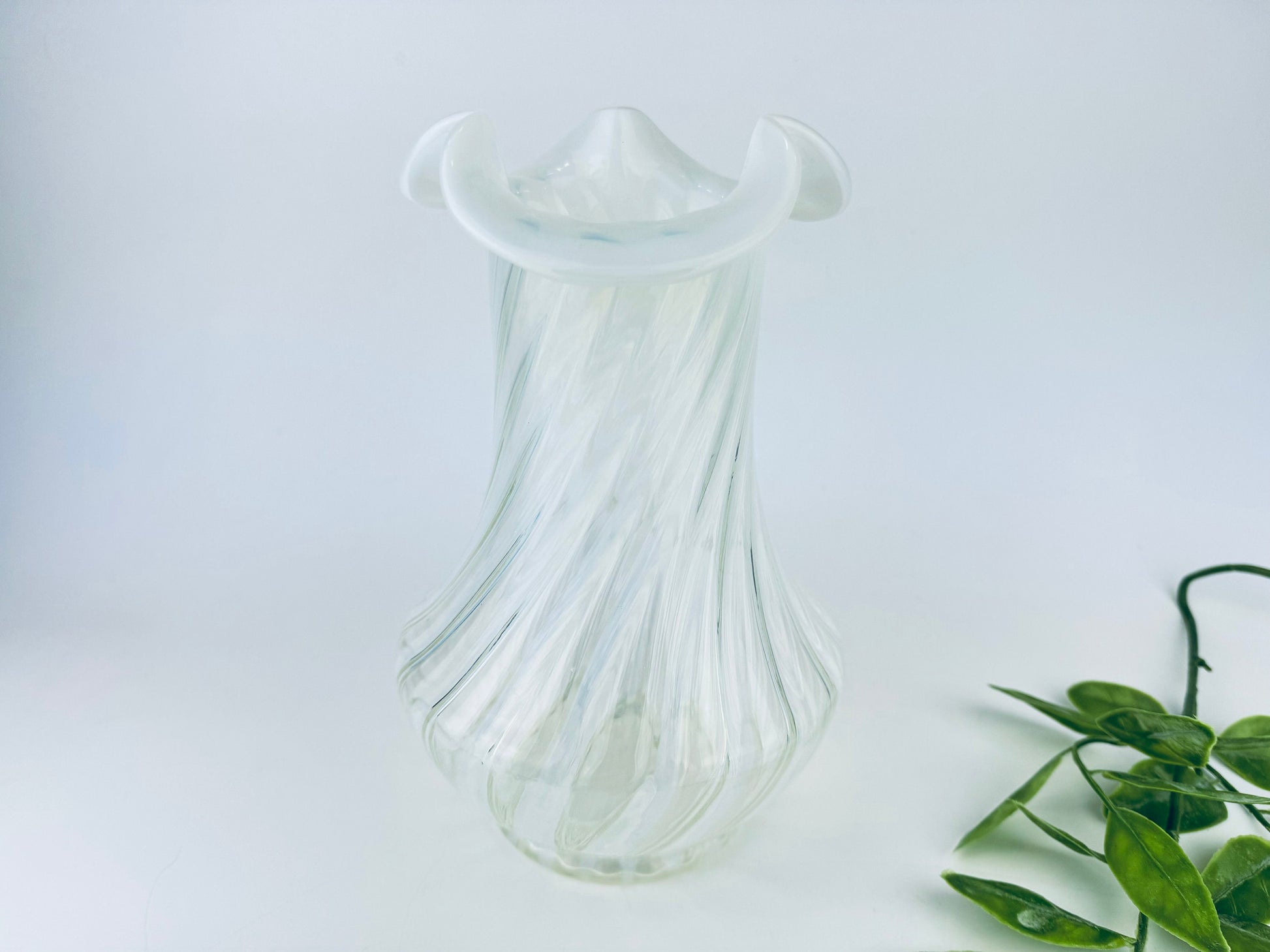 Product image for 'vintage white striped opalescent vaseline glass vase ruffled edge top' (view ec56c9)