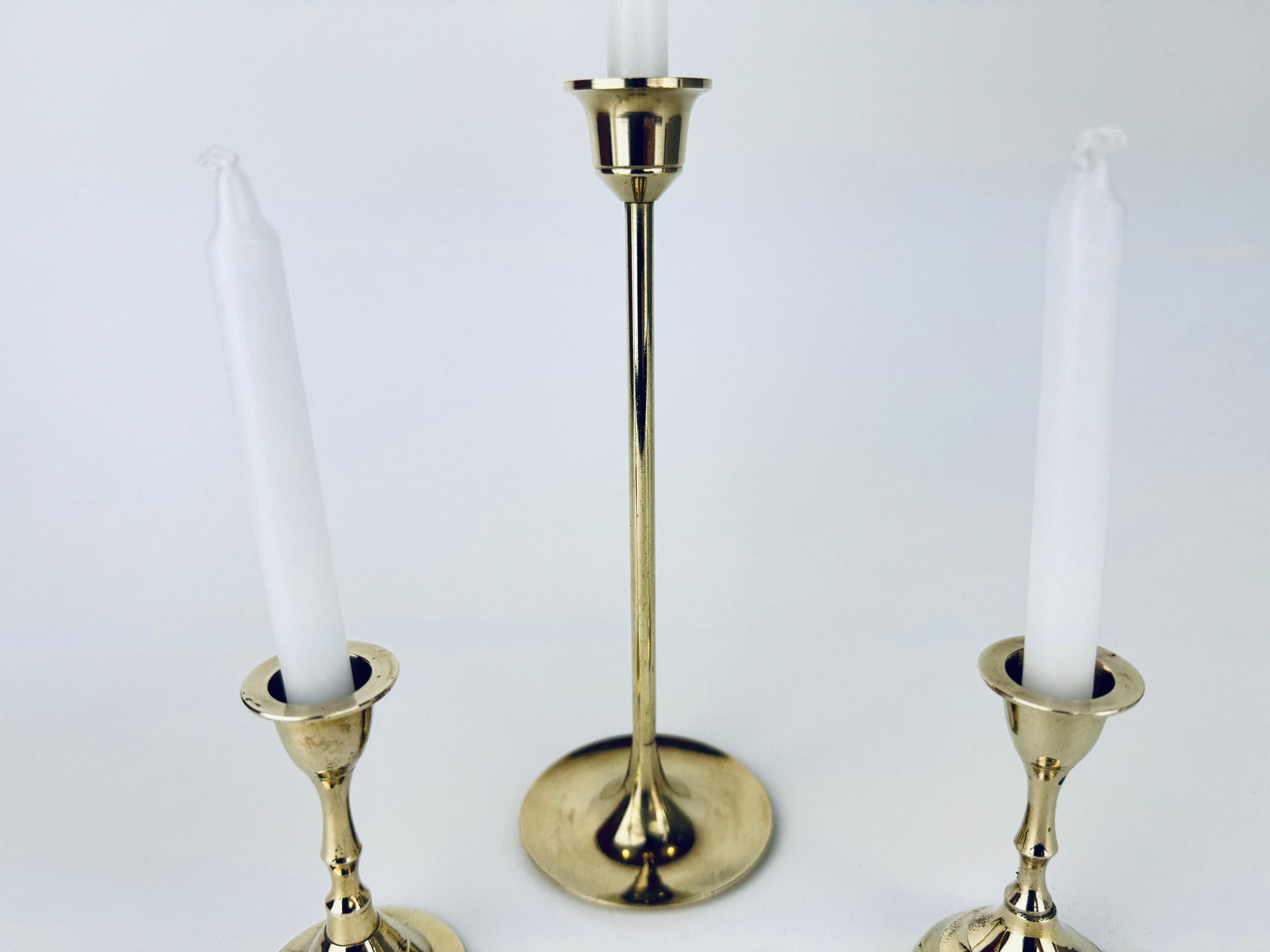 Product image for 'vintage tabletop brass small mini spell prayer candle stick holders mixed lot of three 3 attractive aged metal patina' (view b7af2e)
