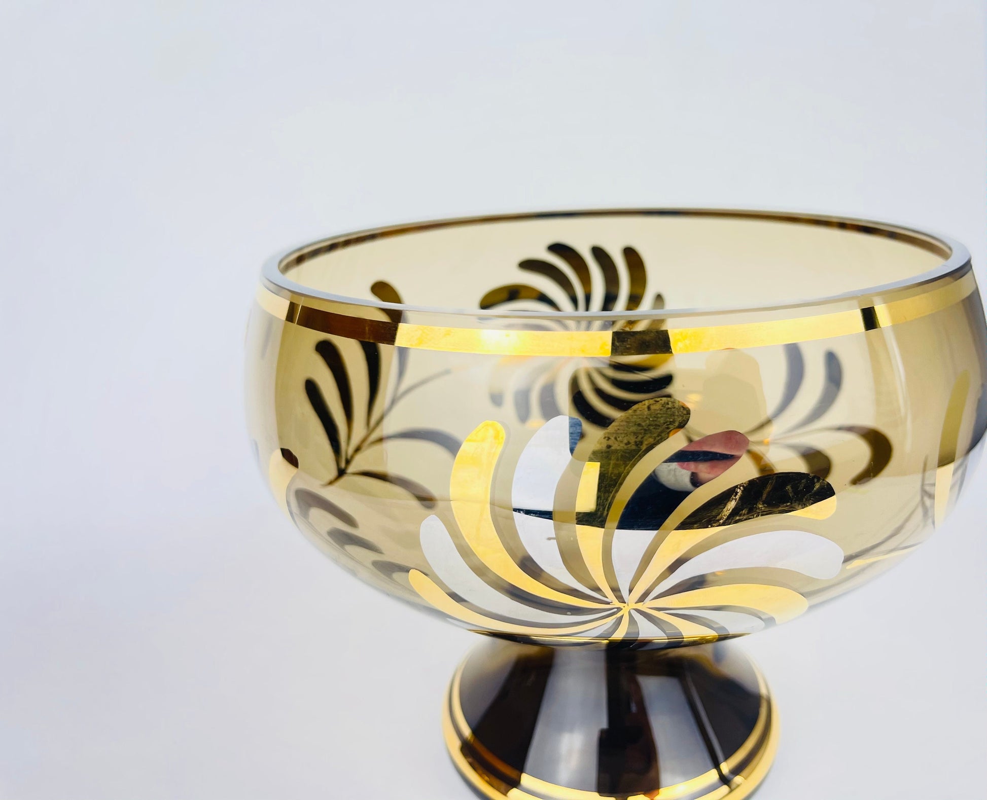 Product image for 'vintage bohemian footed glass compote bowl smokey gold art glass with floral motif made in czechoslovakia' (view 323659)