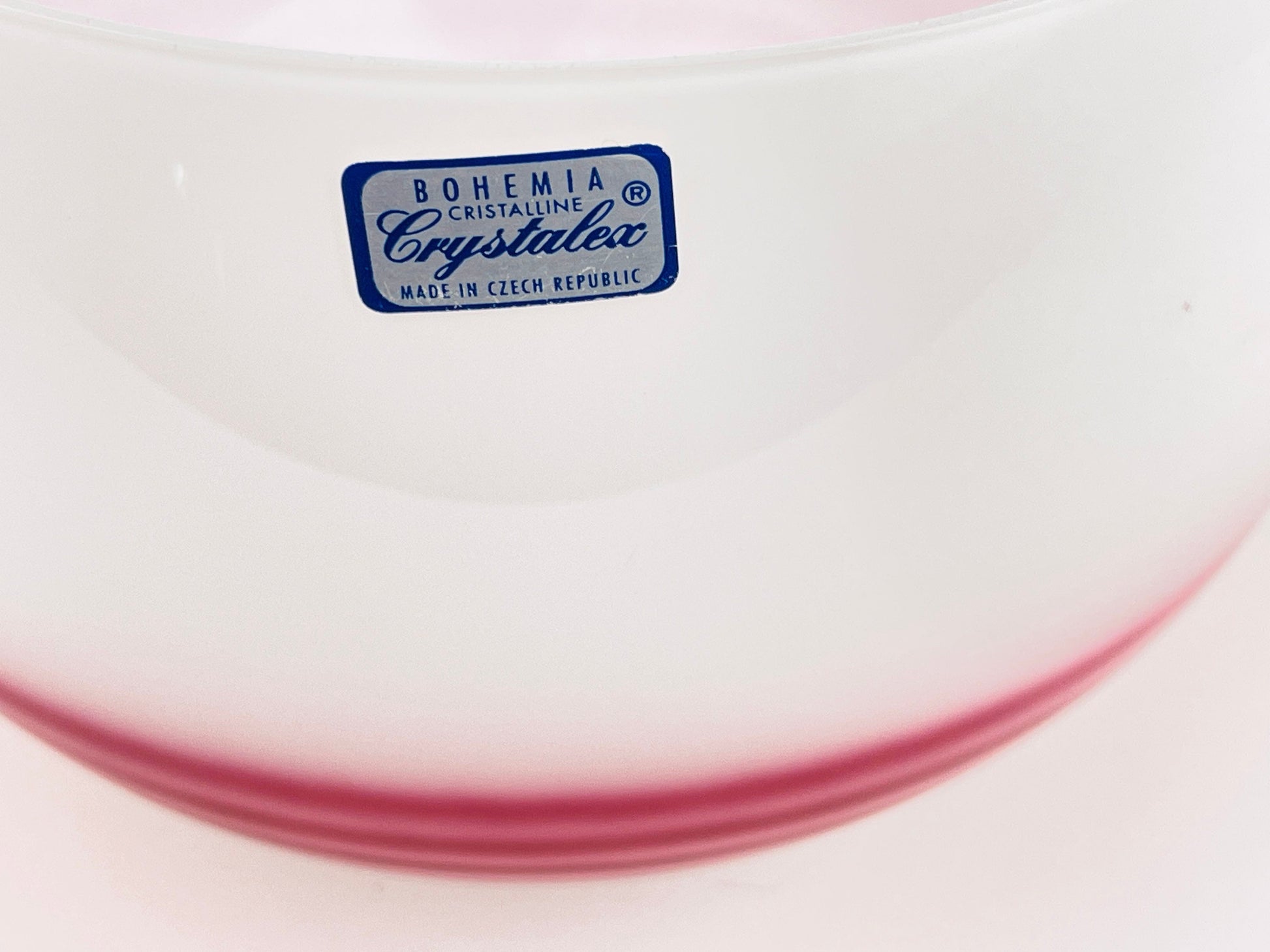 Product image for 'vintage bohemia crystalex white glass round bowl four stripe pink pattern made in czech republic' (view 3ecd34)