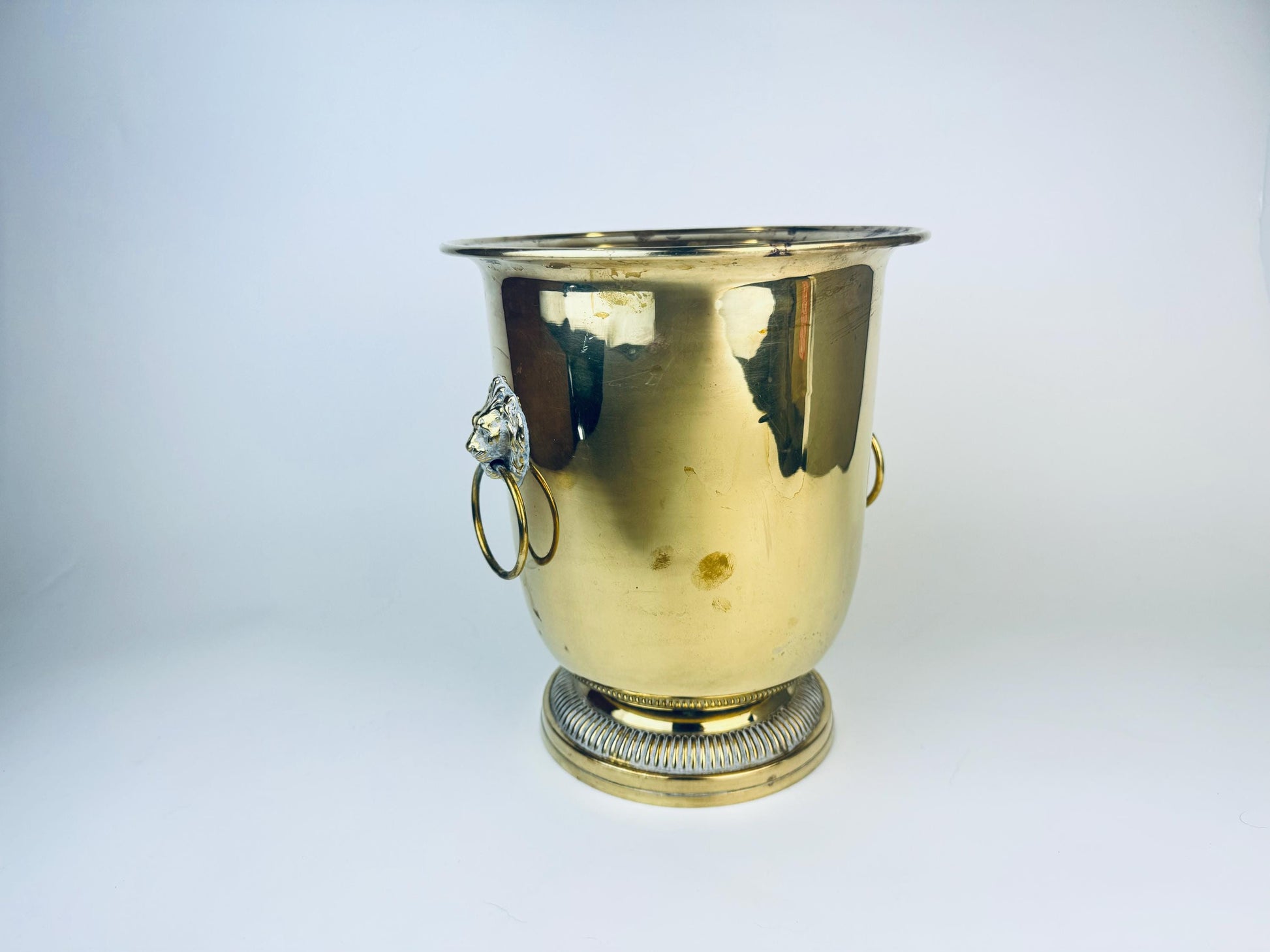 Product image for 'vintage ornate brass lion head ring pedestal planter umbrella holder attractive aged metal patina' (view ae944a)