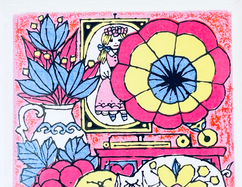 Product image for 'vintage kitsch tea kettle metal ceramic trivet fruit pig scene' (view 225d72)