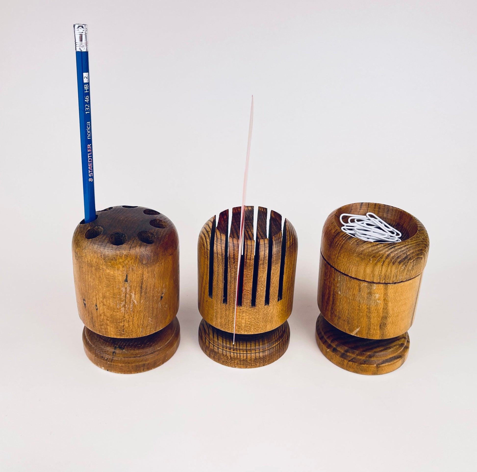 Product image for 'vintage 1970s wood desk organizer set pencil paperclip letter holders' (view 2da864)