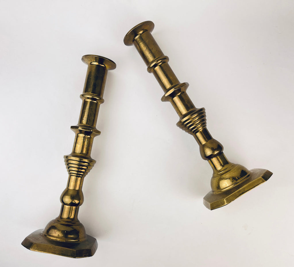 Product image for 'vintage tall solid brass candlestick holders elegant aged patina set of two' (view c1c417)