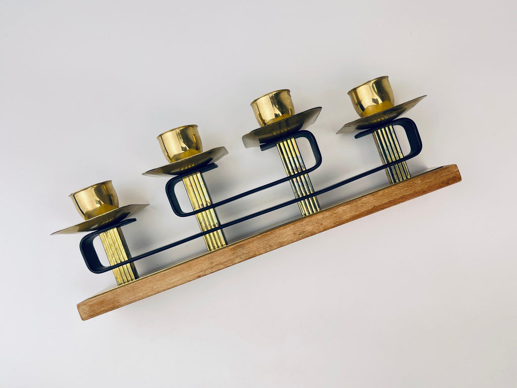 Product image for 'vintage brass teak candlestick holders attractive aged patina centrepiece decor' (view cce4e5)