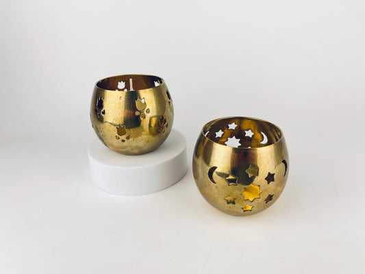 Product image for 'vintage solid brass votive candleholder moon stars tulip floral pattern sold separately' (view db64e5)
