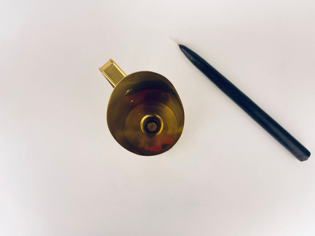 Product image for 'vintage tall brass chamber stick candle holder aged attractive patina made in hong kong' (view a53f11)