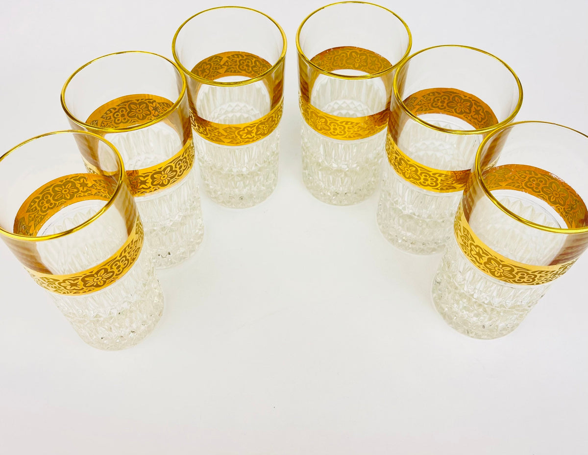 Product image for 'vintage heavy crystal gold highball water tumblers flower gold band with gold rimmed top set of six 6' (view 3f946d)