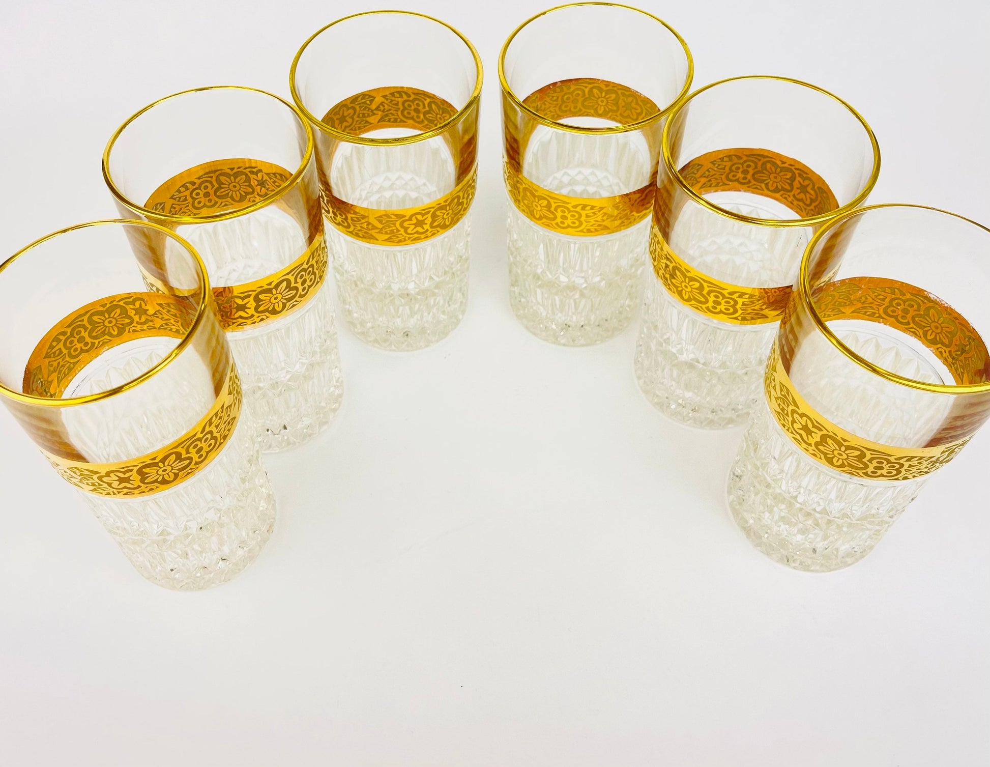 Product image for 'vintage heavy crystal gold highball water tumblers flower gold band with gold rimmed top set of six 6' (view 3f946d)