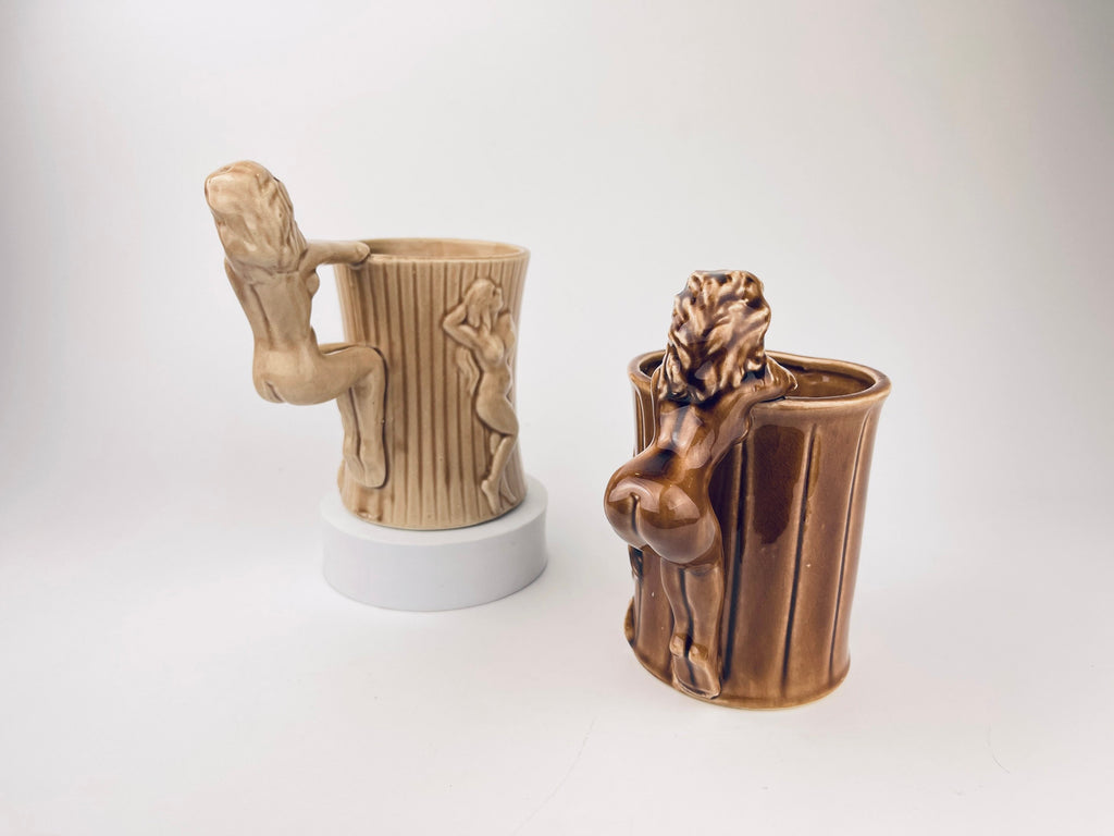 Product image for 'vintage risque nude woman barrel shaped brown ceramic mug sold individually groomsmen barware gift made in japan' (view 6e3a9e)