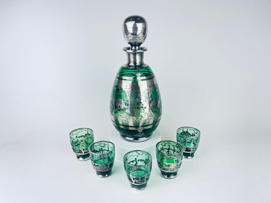 Product image for 'vintage emerald green silver overlay scene barware set glass decanter five 5 small shot glasses' (view 17ff3d)