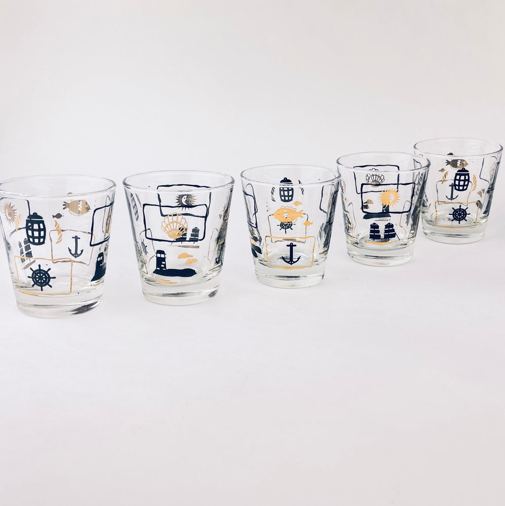 Product image for 'vintage dominion glass nautical pattern whiskey lowball glasses set of five 5' (view a51388)