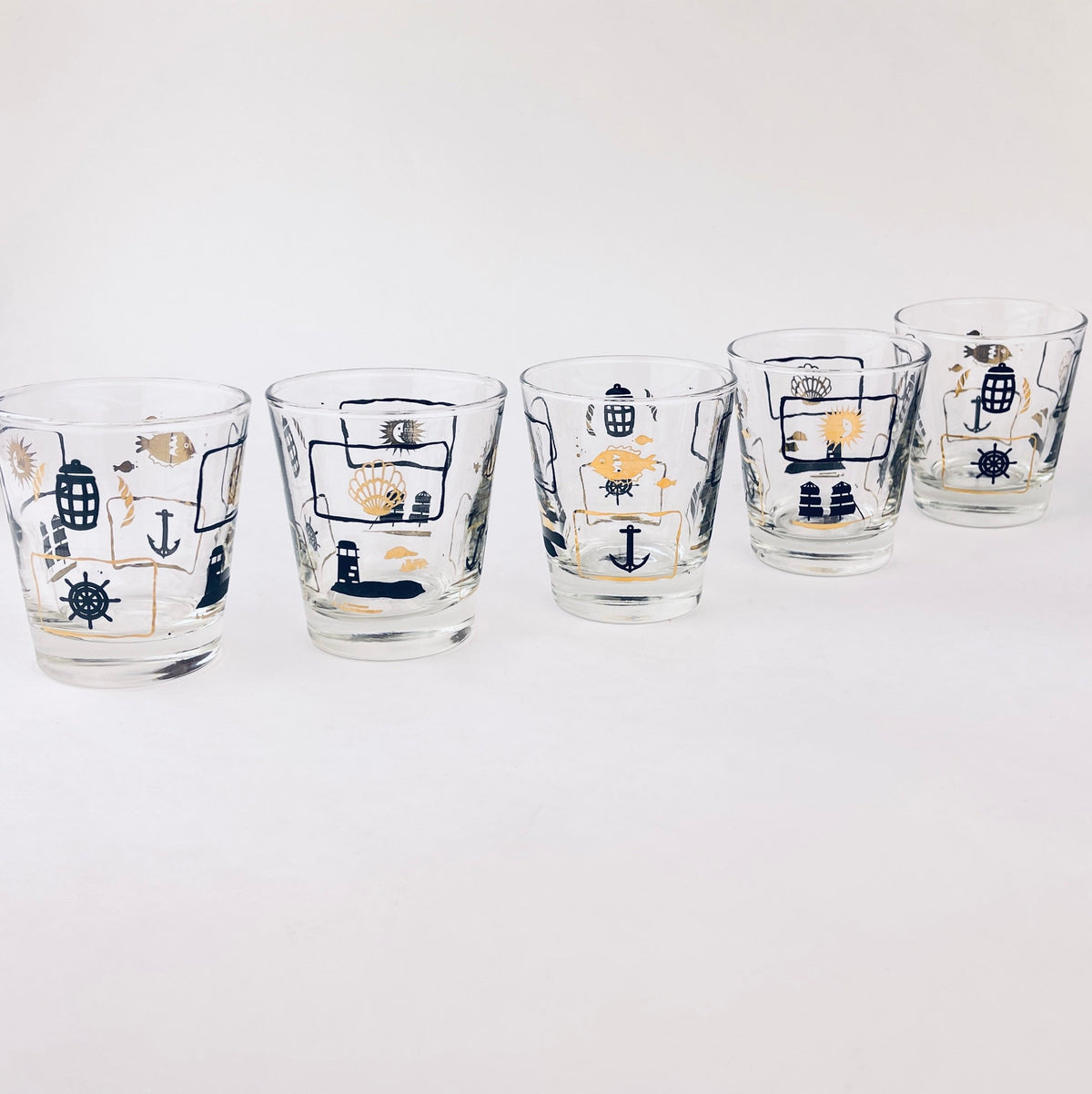 Product image for 'vintage dominion glass nautical pattern whiskey lowball glasses set of five 5' (view a51388)